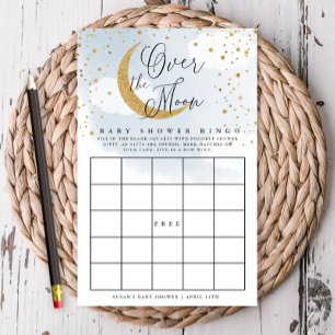Über dem Mond Blue & Gold Baby Paper Bingo Card Flyer