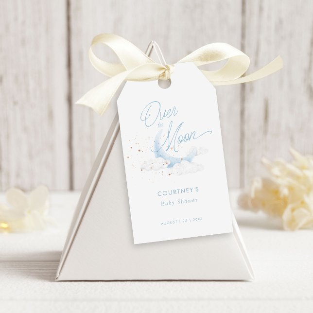 Über dem Mond Blue Gold Stars Babydusche Geschenkanhänger (Von Creator hochgeladen)