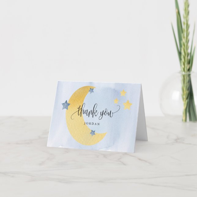 Über dem Mond Blue Personalisiert Baby Dusche Dankeskarte (Vorderseite)