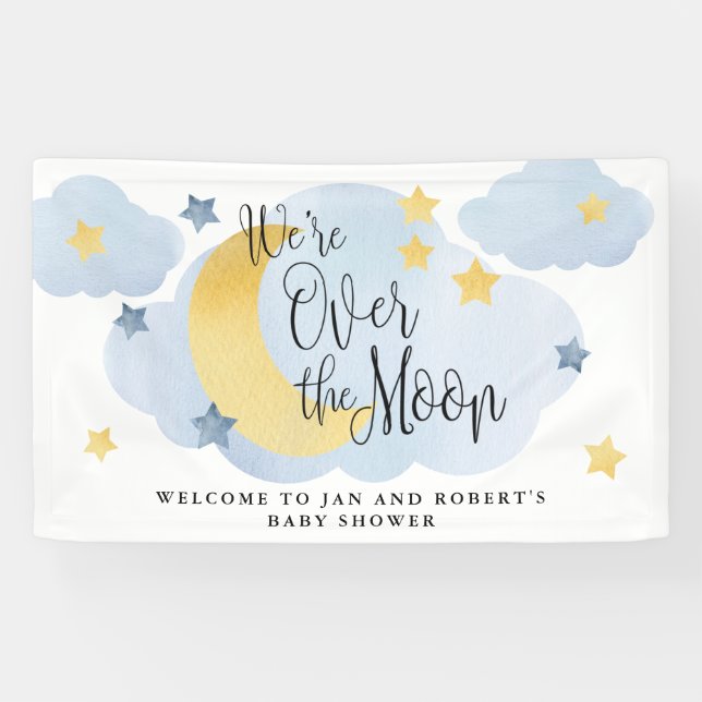 Über dem Mond, Blue Watercolor Babydusche Banner (Horizontal)