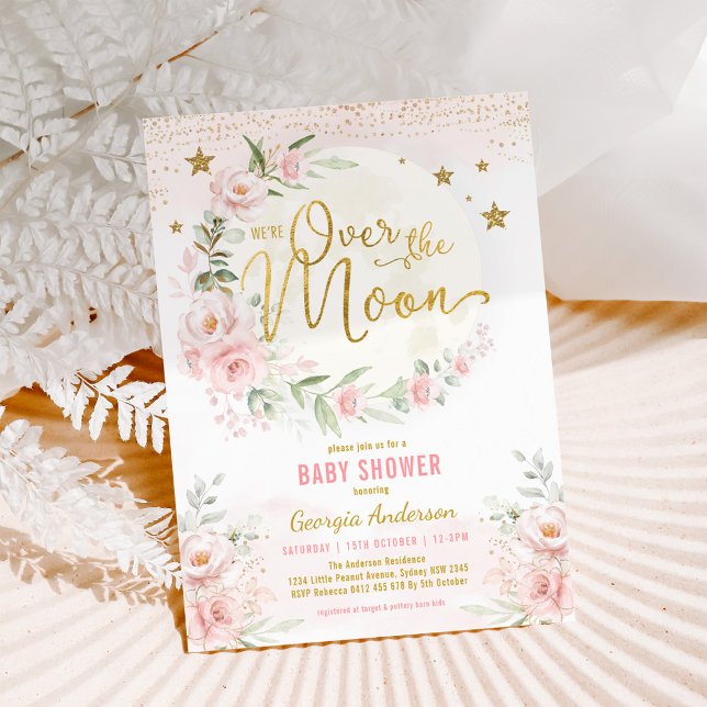 Über dem Mond | Blush Pink Gold Girl Baby Dusche Einladung (Von Creator hochgeladen)