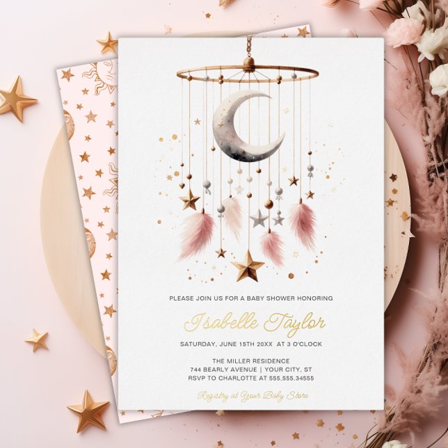 Über dem Mond Boho Celestial Girl Baby Shower Gold Folieneinladung (Over the Moon Boho Celestial Girl Baby Shower Gold Foil Invitation)