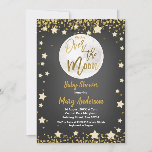 Über dem Mond Chalkboard Gold Baby Dusche Einladung (Vorderseite)