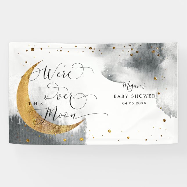 Über dem Mond Dreamy Gray Sky Babydusche Banner (Horizontal)