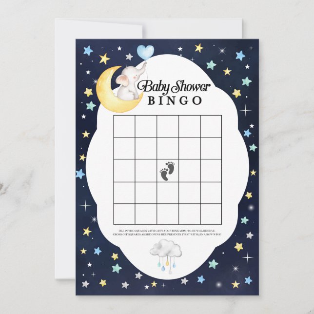 Über dem Mond Elephant Baby Shower Bingo Spiel Einladung (Vorderseite)