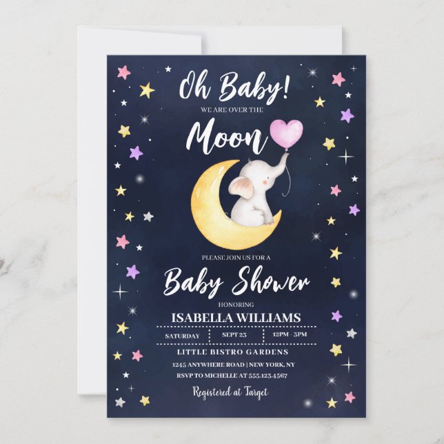 Über dem Mond Elephant Babydusche Einladung (Vorderseite)