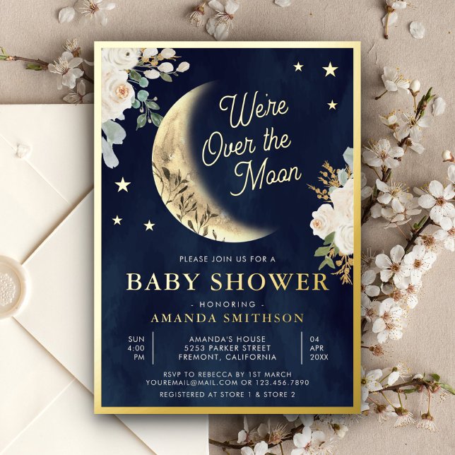 Über dem Mond Elfenbeinküste Baby-Dusche Gold Folieneinladung (Von Creator hochgeladen)