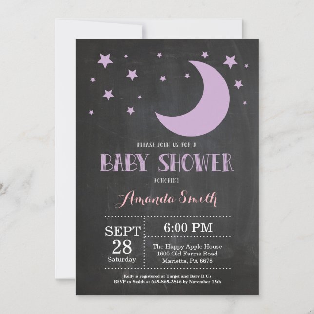 Über dem Mond Girl Babydusche Einladung Lila (Vorderseite)