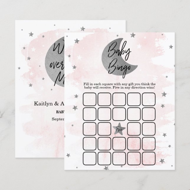 Über dem Mond | Girls Baby Shower Bingo (Vorne/Hinten)