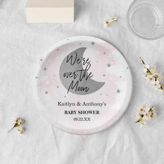 Über dem Mond | Girls Baby Shower Paper Plate Pappteller (Von Creator hochgeladen)