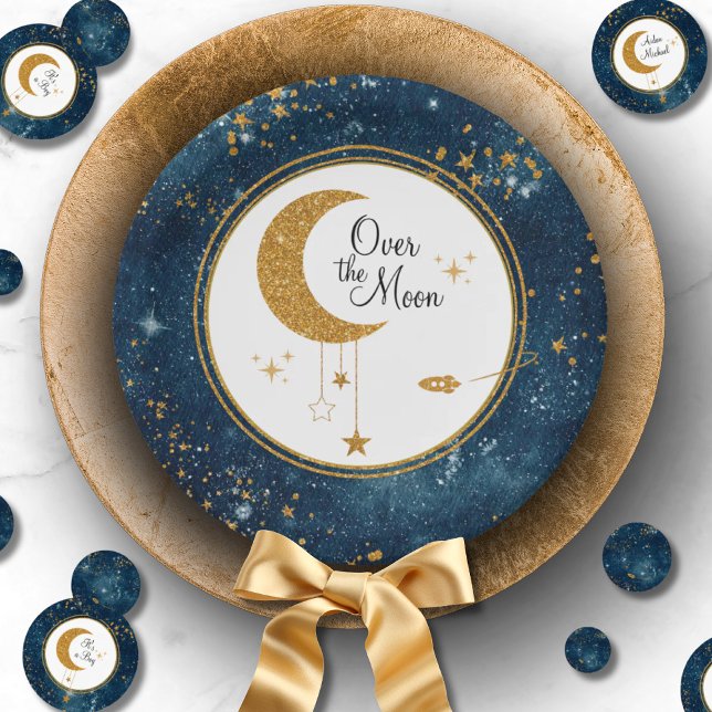 Über dem Mond Glittery Stars Babydusche Pappteller (Over The Moon Glittery Stars Baby Shower Paper Plates)