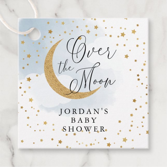 Über dem Mond Gold & Blue Baby Dusche Hängen Geschenkanhänger (Vorderseite)