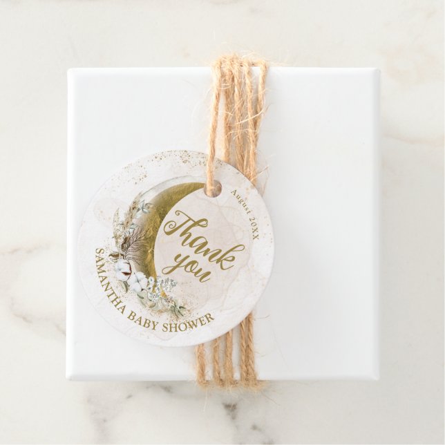Über dem Mond-Gold-Gender-Neutral-Baby-Dusche Geschenkanhänger (Beispiel)