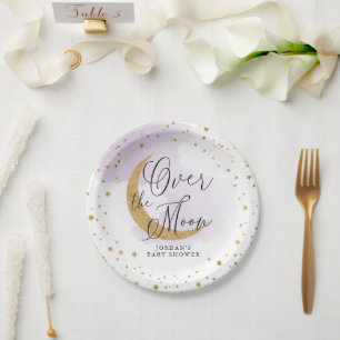 Über dem Mond, Gold Glitzer Lila Baby Dusche Pappteller