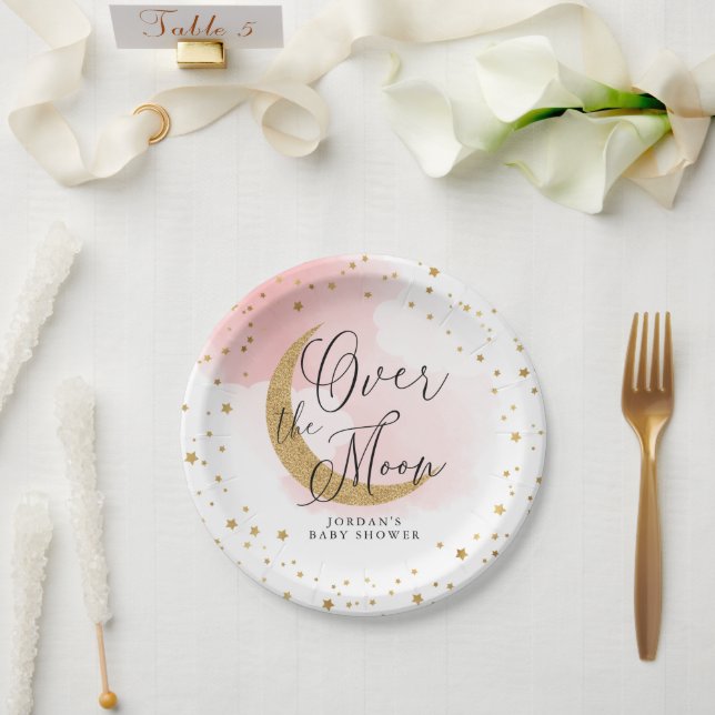 Über dem Mond, Gold Glitzer Pink Baby Dusche Pappteller (Hochzeit)