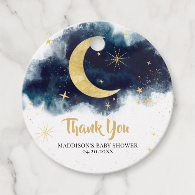 Über dem Mond Gold Stars Blue Baby Dusche Runde Geschenkanhänger (Vorderseite)