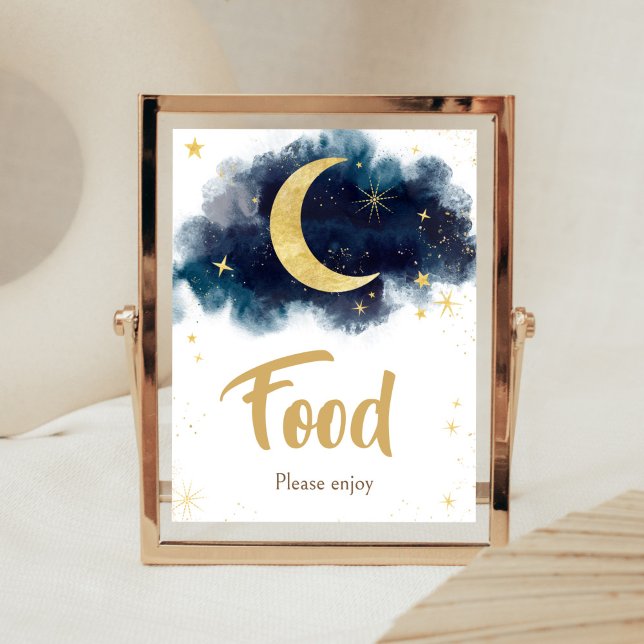 Über dem Mond Gold Sterne Blue Food Poster (Blue Twinkle Little Star Baby Shower Food Sign)