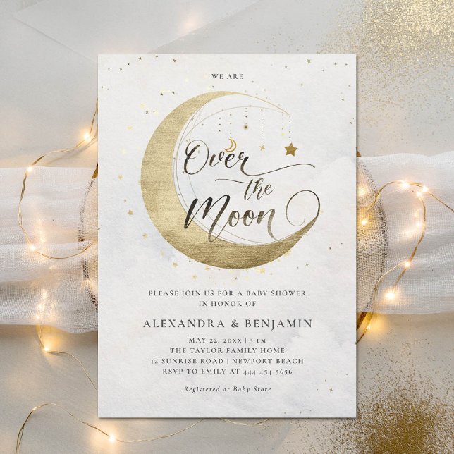 Über dem Mond Gold White Dreamy Sky Baby Dusche Einladung (over the moon baby shower invitation gold stars sky dreamy celestial galaxy twinkle)