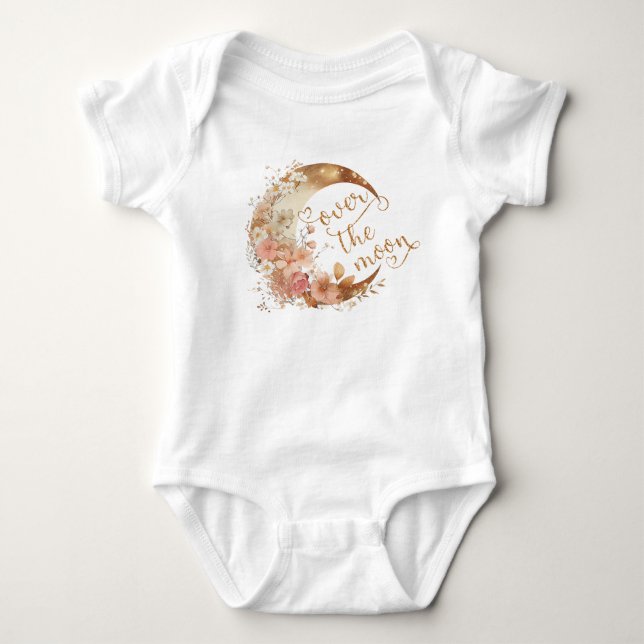 Über dem Mond, goldfarbene Babydusche Baby Strampler (Vorderseite)