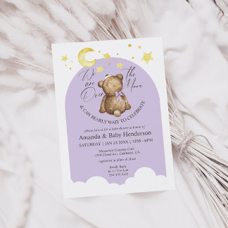 Über dem Mond Lavender Teddy Bear Babydusche Einladung