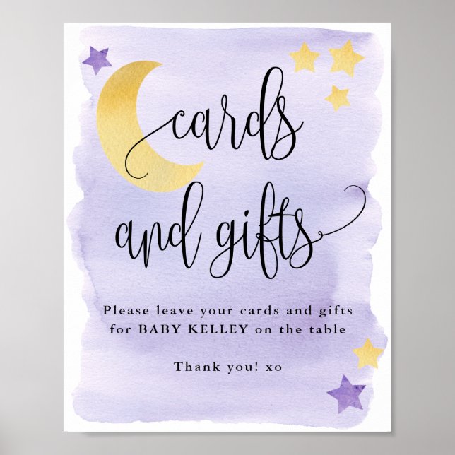 Über dem Mond, Lila Babyduschkarten und Geschenke Poster (Vorne)