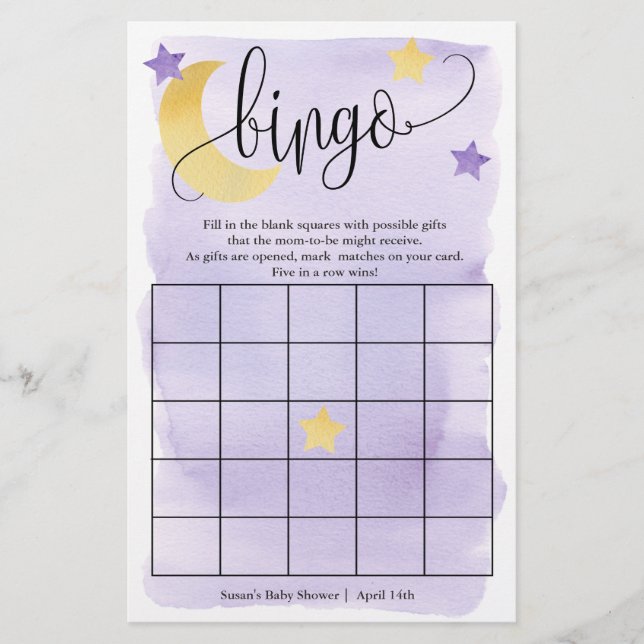 Über dem Mond, Lila Stars Bingo Paper Game Card Flyer (Vorne)