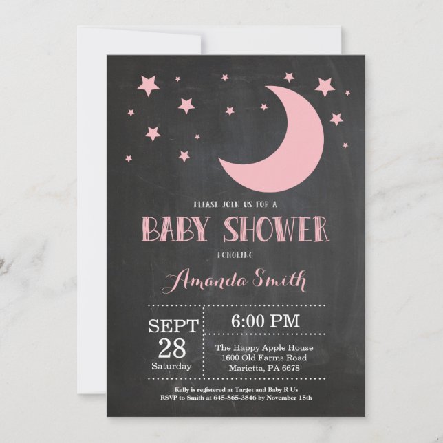 Über dem Mond-Mädchen-Babyparty-Einladungs-Rosa Einladung (Vorderseite)