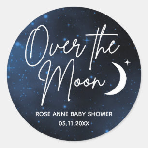 Über dem Mond Name Datum Thema Kinderdusche Runder Aufkleber