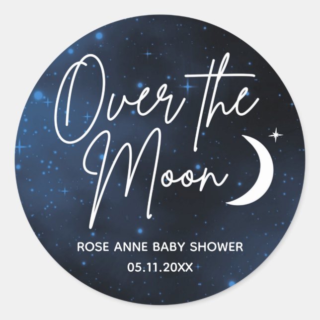Über dem Mond Name Datum Thema Kinderdusche Runder Aufkleber (Vorderseite)