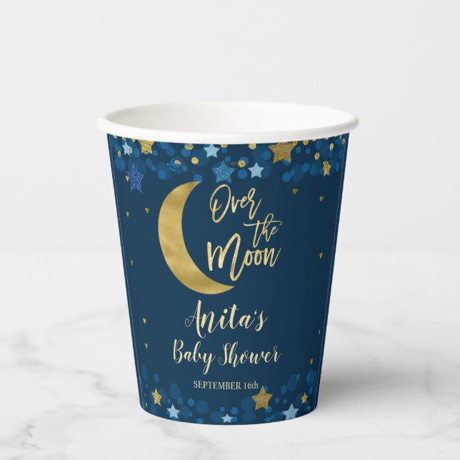 Über dem Mond Navy Baby Shower Gold Glitzer Pappbecher (Vorderseite)