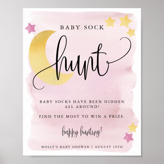 Über dem Mond Pink Baby Shower Baby Sock Hunt Game Poster (Vorne)