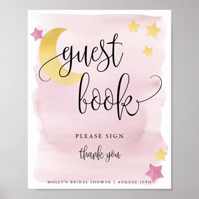 Über dem Mond, Pink Baby Shower Gästebuchplakat Poster (Vorne)