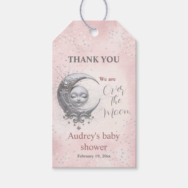 Über dem Mond Pink Girl Babydusche Geschenkanhänger (Vorderseite)
