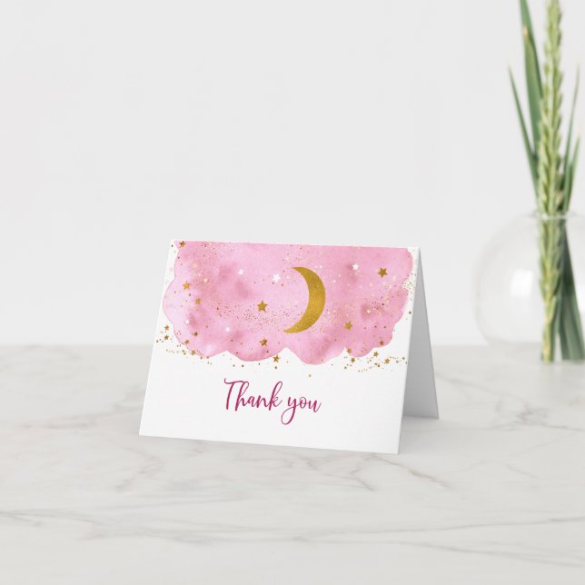Über dem Mond Pink Gold Baby Dusche Dankeskarte (Vorderseite)