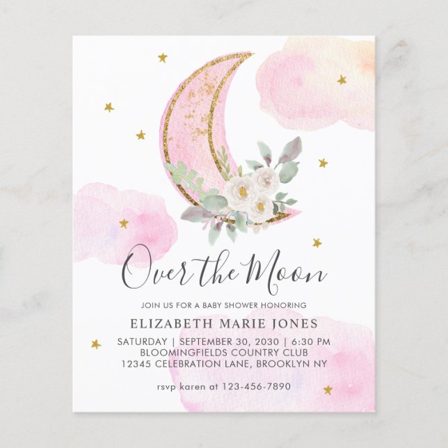 Über dem Mond Pink Gold Floral Girl Babydusche (Vorderseite)
