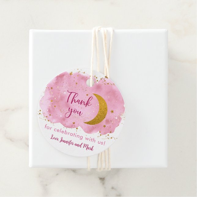 Über dem Mond Pink Gold Galaxy Baby Dusche Geschenkanhänger (Beispiel)