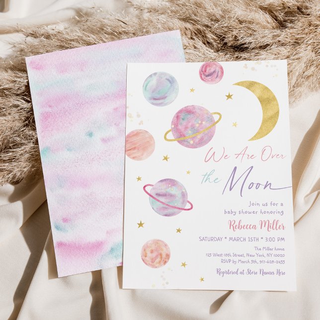 Über dem Mond Pink Pastel Space Babydusche Einladung (Von Creator hochgeladen)