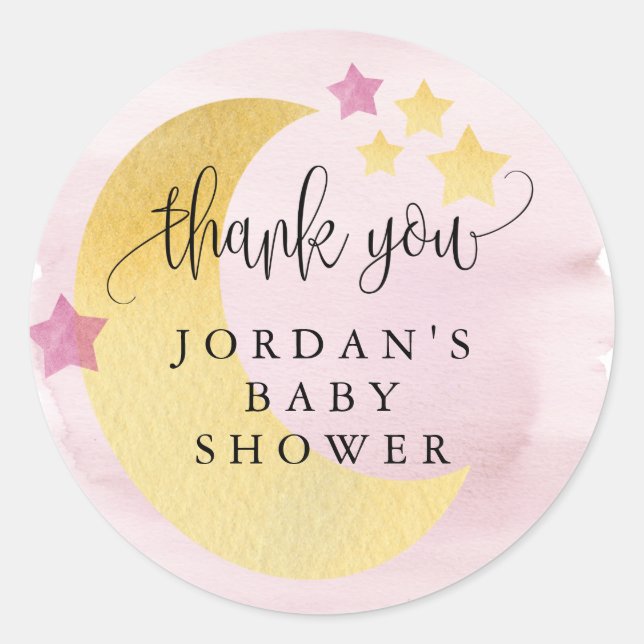 Über dem Mond, Pink Personalisiert Baby Dusche Gef Runder Aufkleber (Vorderseite)