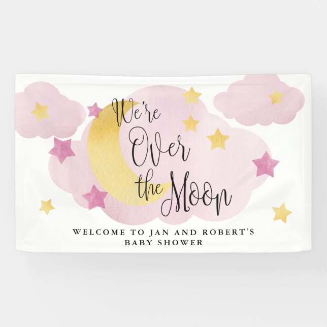 Über dem Mond, Pink Watercolor Babydusche Banner (Horizontal)