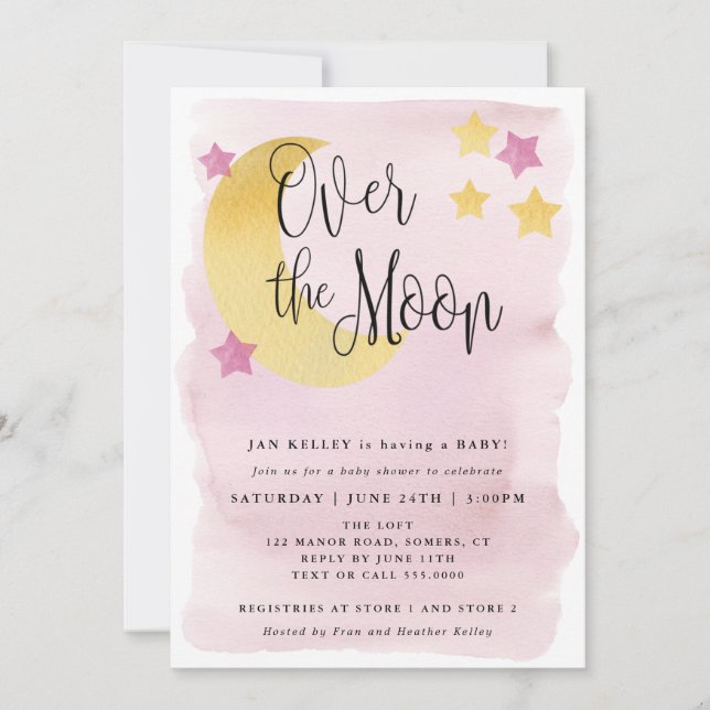 Über dem Mond, Pink Watercolor Babydusche Einladung (Vorderseite)