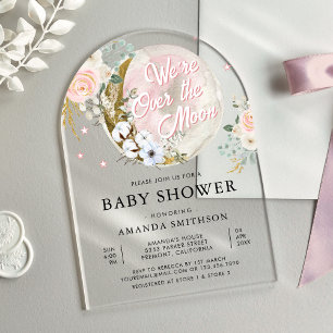 Über dem Mond, rosa Blumen-Arch-Babydusche Acryleinladungen