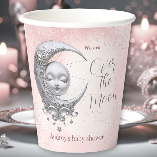 Über dem Mond rosa Girl-Babydusche Papiertassen Pappbecher (Over The Moon Pink Girl Baby Shower Paper Cups)