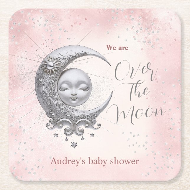Über dem Mond, rosa Girl-Babydusche Rechteckiger Pappuntersetzer (Vorderseite)