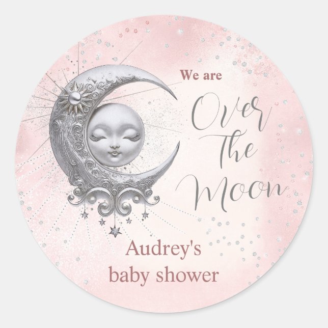 Über dem Mond, rosa Girl-Babydusche Runder Aufkleber (Vorderseite)