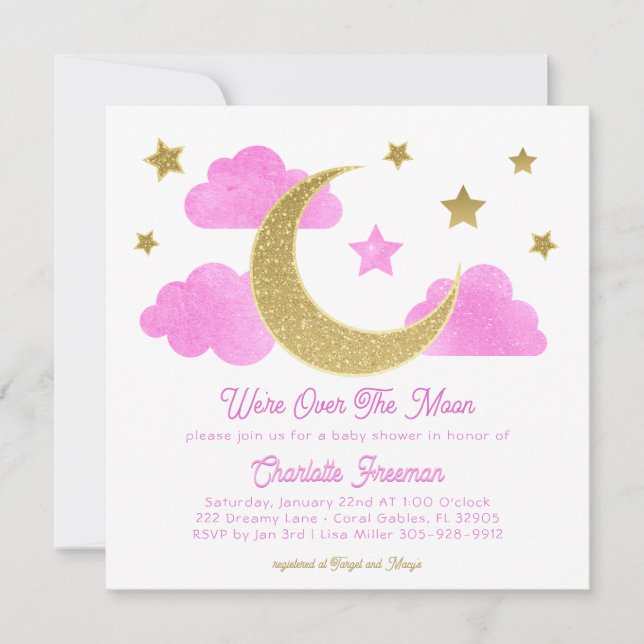 Über dem Mond Rosa Gold Baby Dusche laden Einladung (Vorderseite)