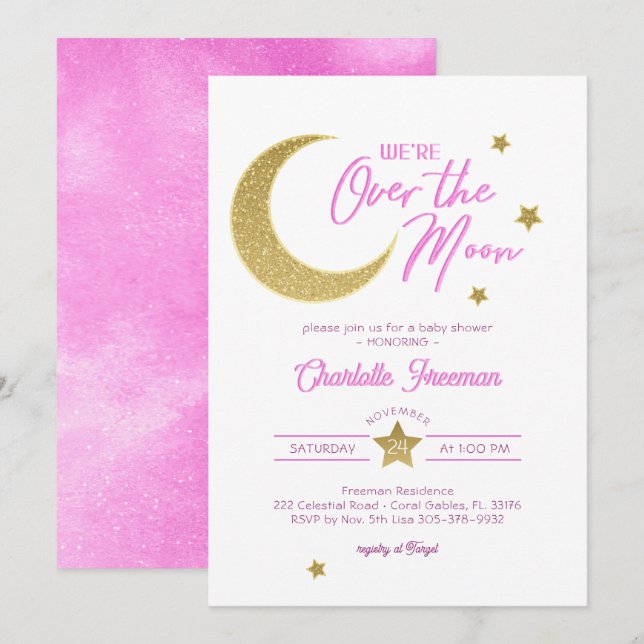Über dem Mond Rosa & Gold Baby Girl Dusche Einladung (Vorne/Hinten)