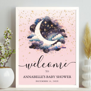Über Dem Mond Rosa Mädchen Baby Shower Willkommens Poster