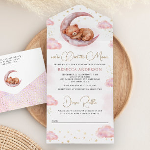Über dem Mond schlafend Teddy Bear Pink Babydusche All In One Einladung