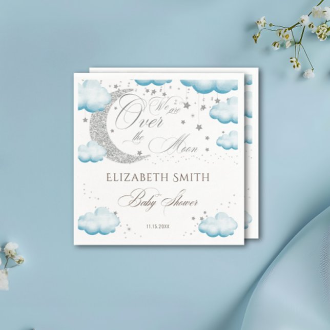 Über dem Mond Silver Blue Boy Baby Shower Glitzer Serviette (Von Creator hochgeladen)