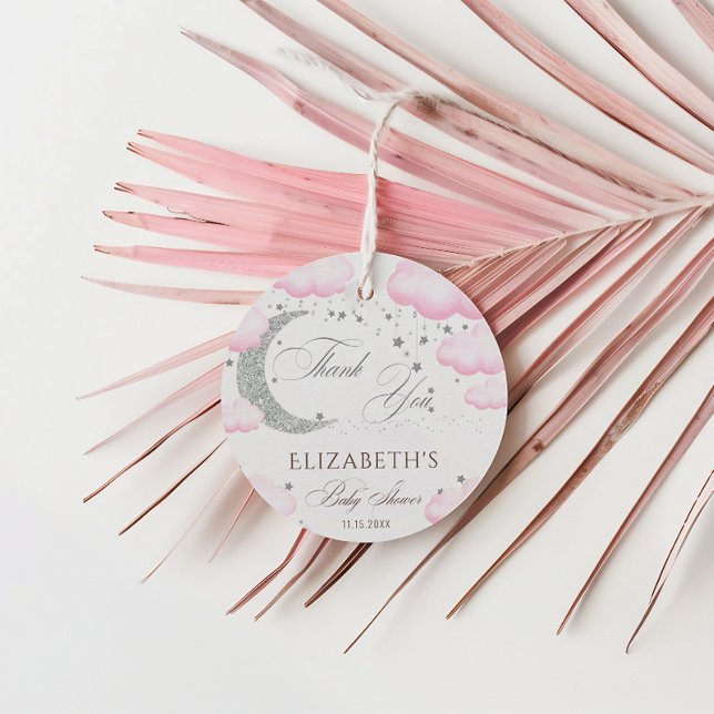 Über dem Mond Silver Pink Girl Baby Shower Glitzer Geschenkanhänger (Von Creator hochgeladen)